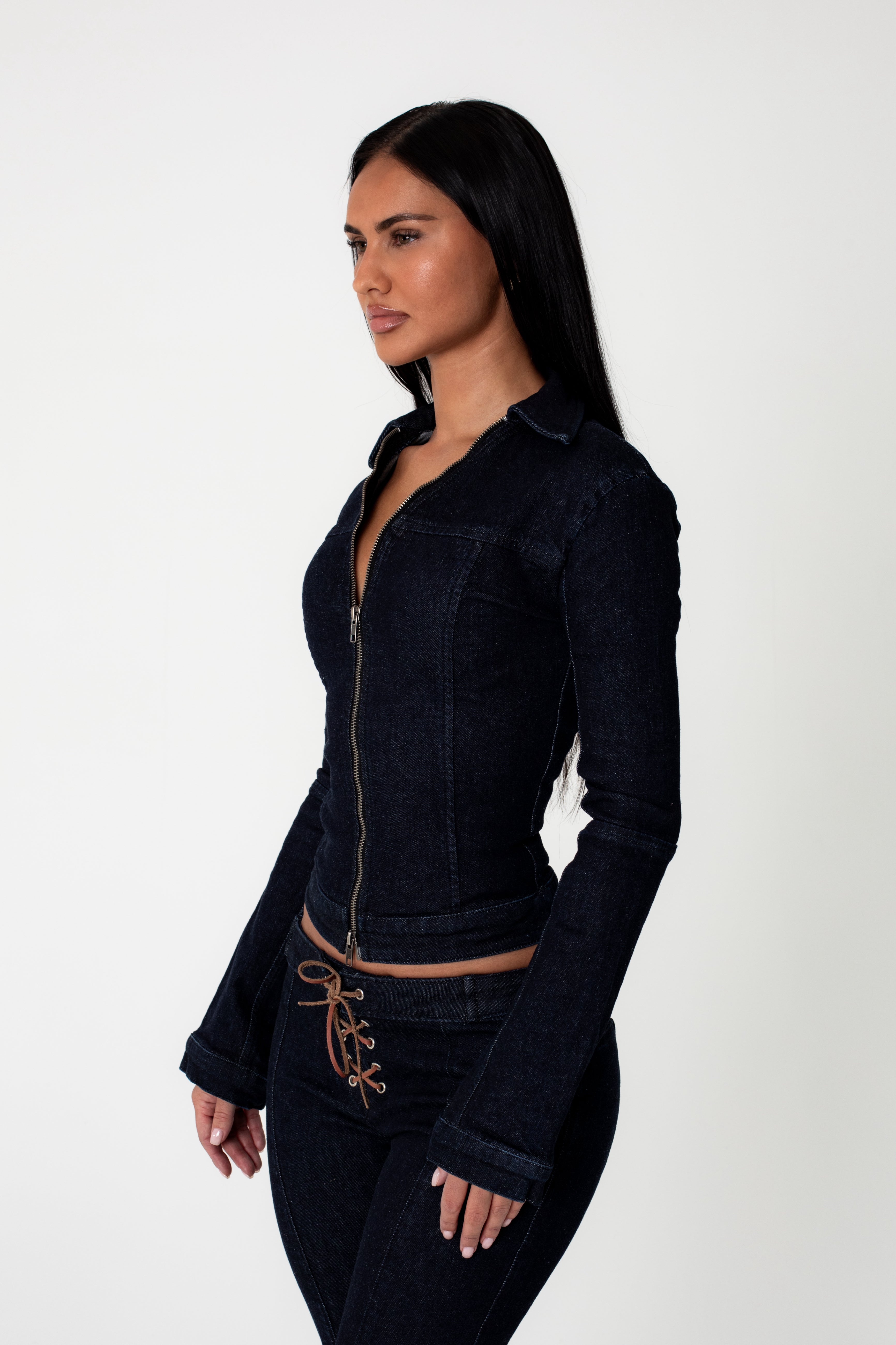 DENIM COLLARED ZIP UP