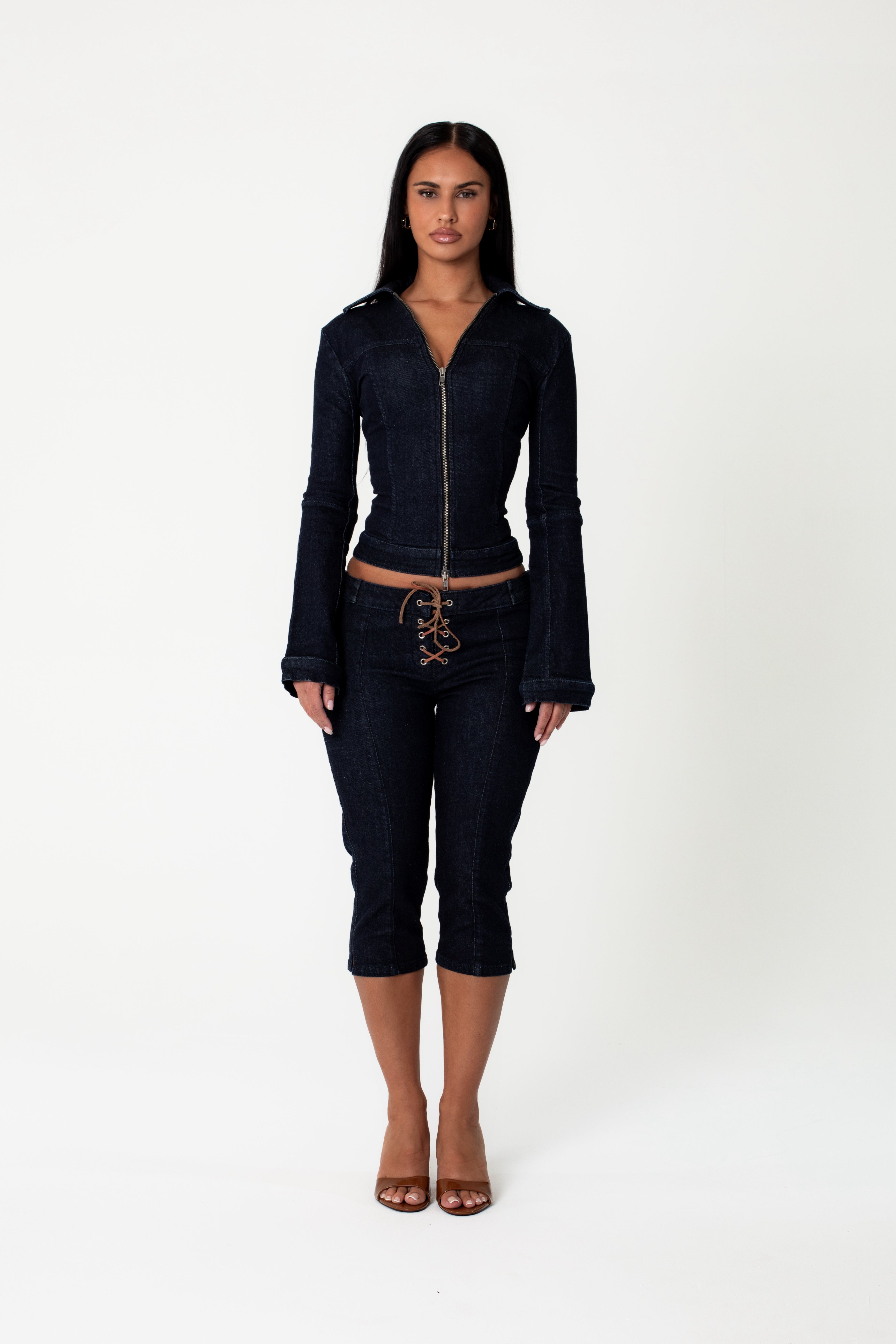 DENIM COLLARED ZIP UP