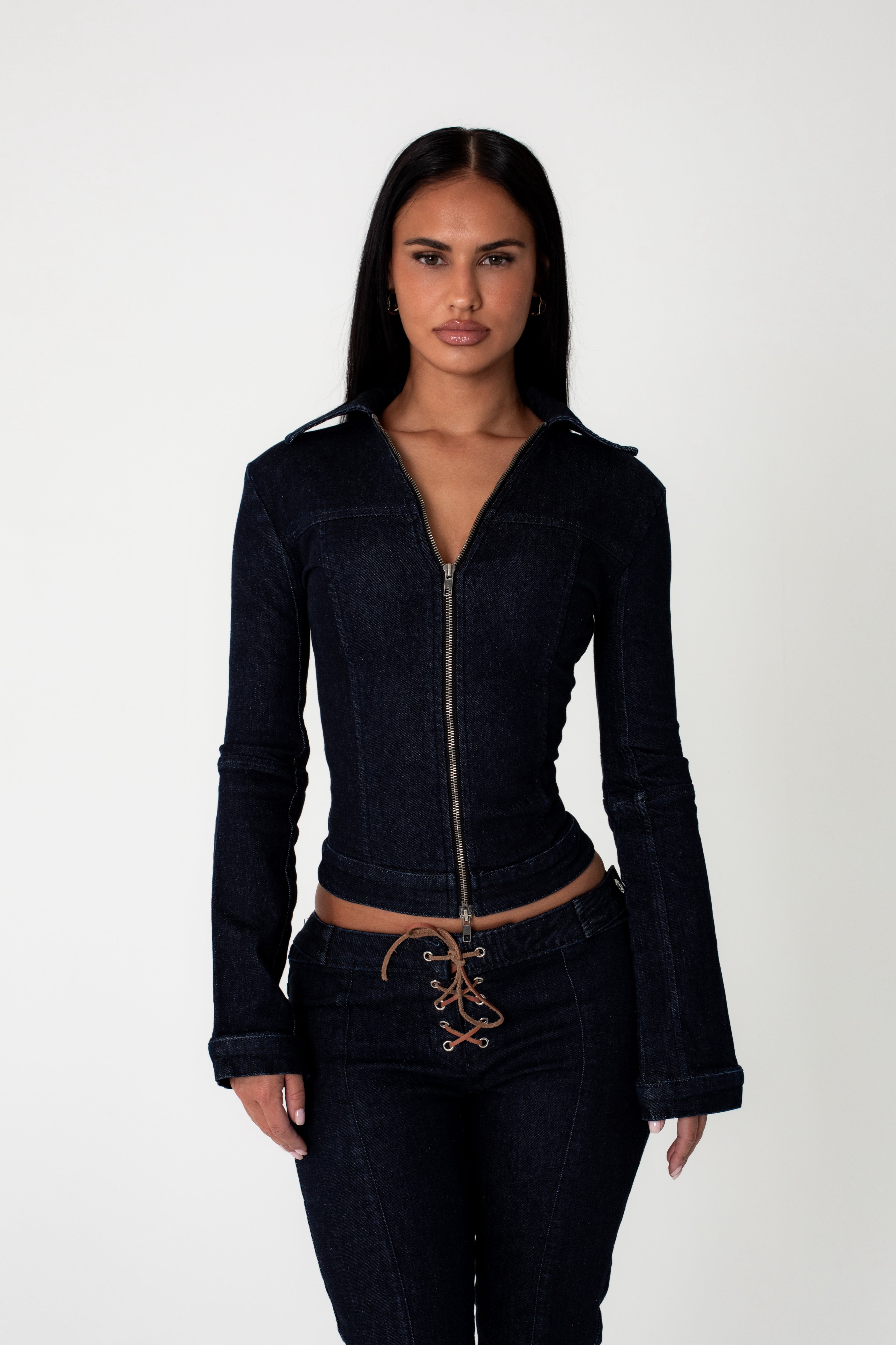 DENIM COLLARED ZIP UP