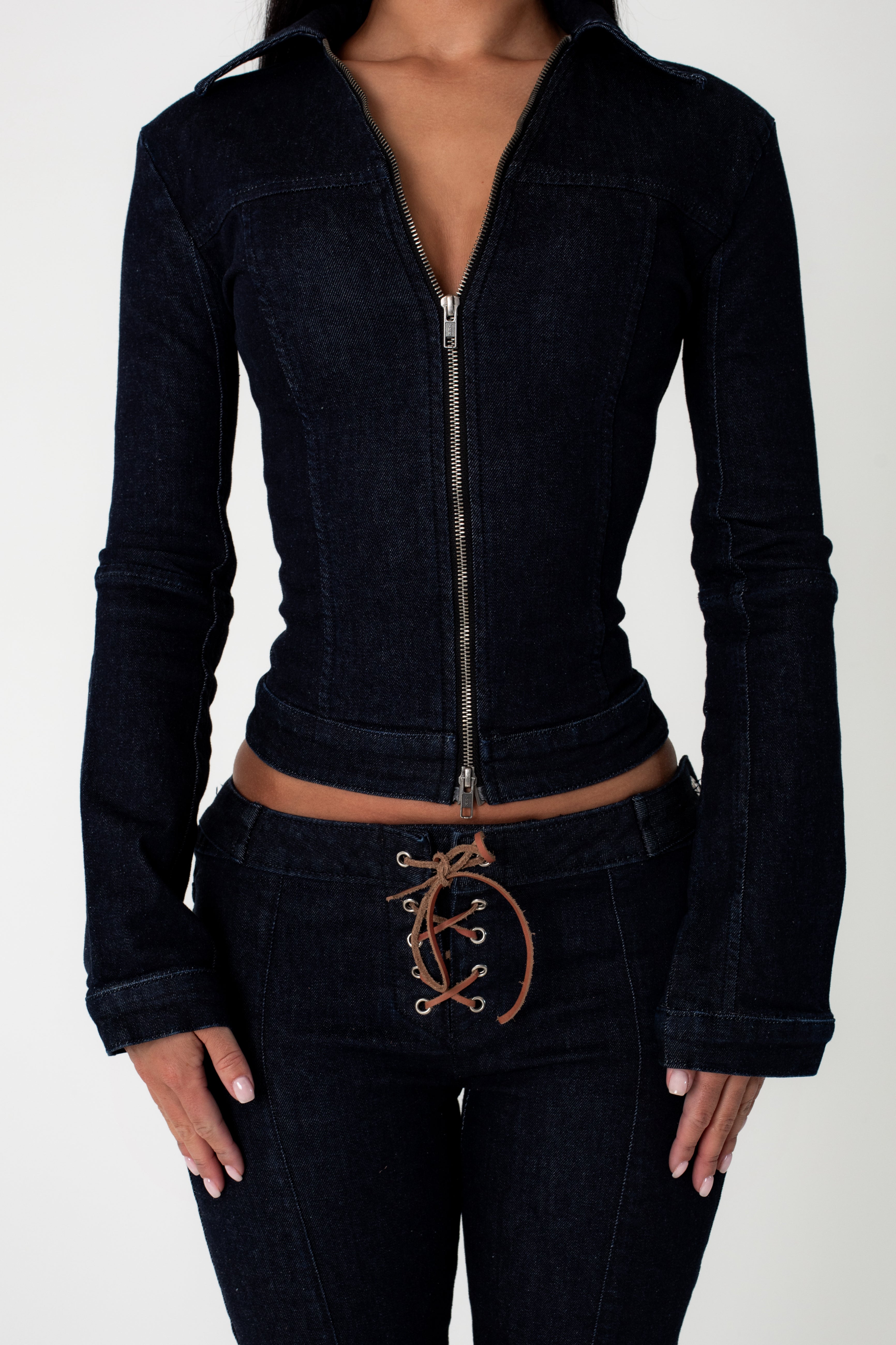 DENIM COLLARED ZIP UP